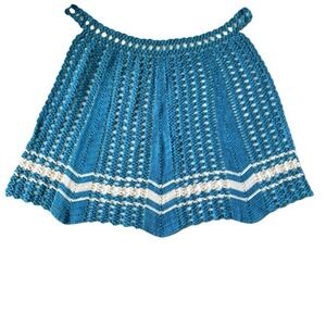 Vintage 1950's Half Apron Hand Crocheted Teal White Chevron 59" Ribbon Draw-Tie